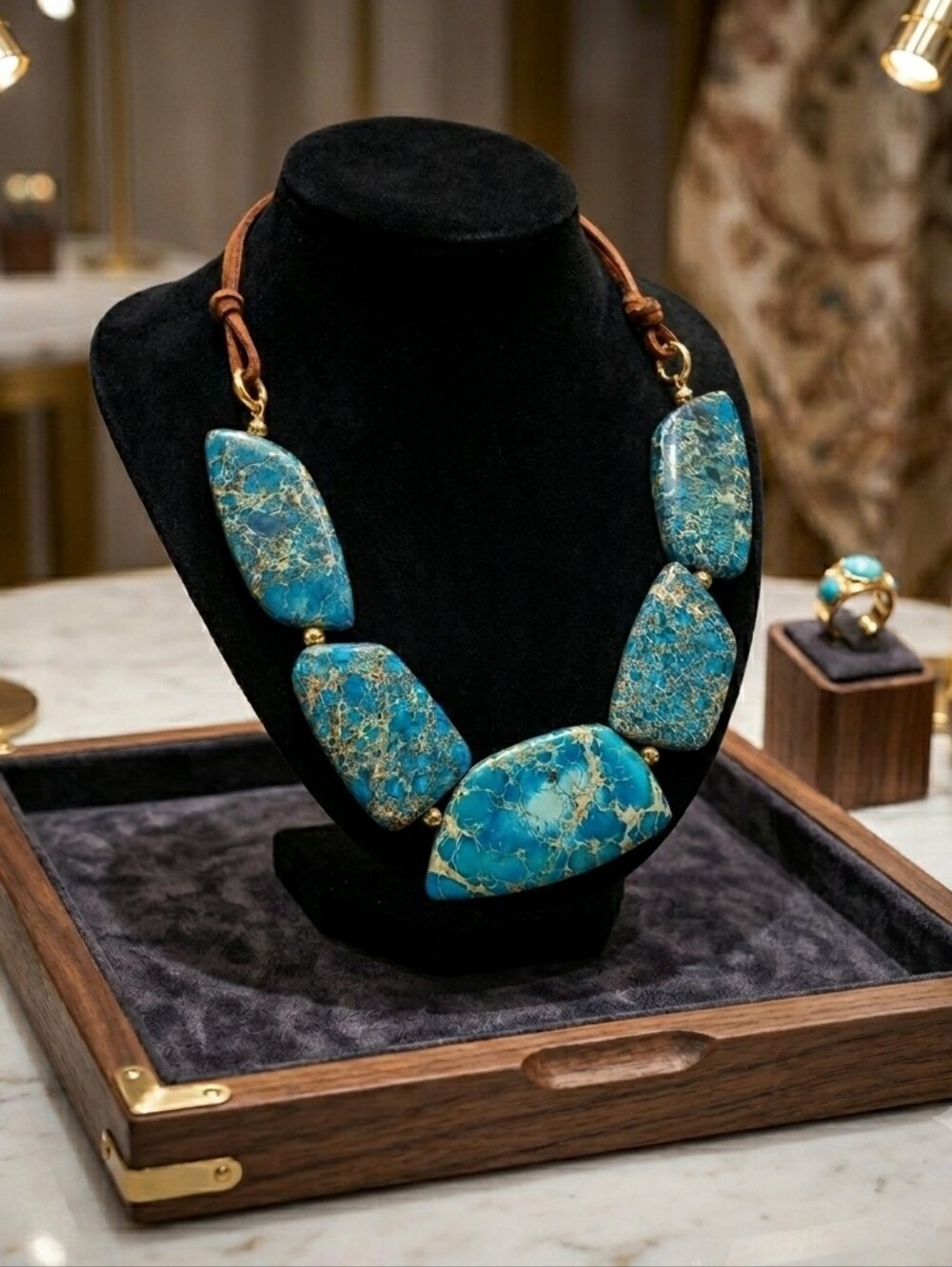 Barse Turquoise Statement Necklace - Blue & Gold Chunky Bib